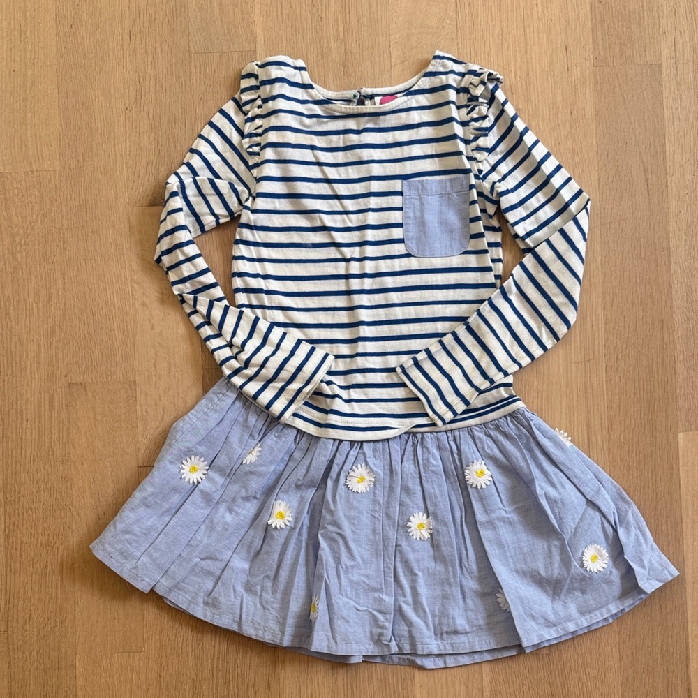 Mini Boden Blue and White Striped Dress - chambray skirt with Daisy applique